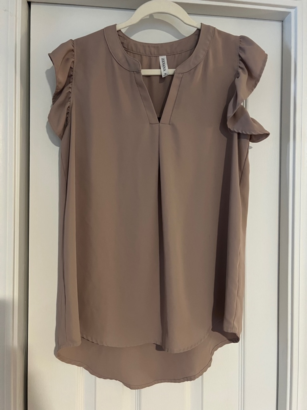 Zenana Outfitters Taupe Ruffle Cap Sleeve V-Notch Blouse